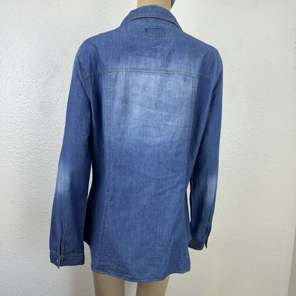 Cavalini Denim Collection Top XLarge, 3/4 Roll Tab Sleeve Shirt Blue Cowgirl - Picture 8 of 9